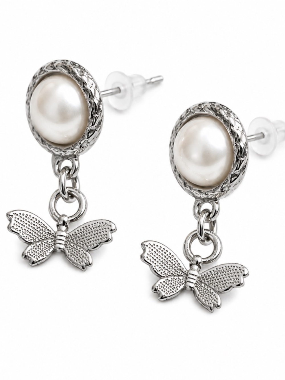 Silver-Tone Pearl & Butterfly Drop Earrings